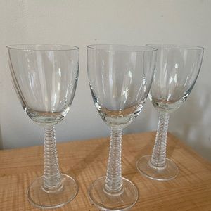 3 Clear Glass Wine Goblets.  Decorative Stem.  Excellent Condition.